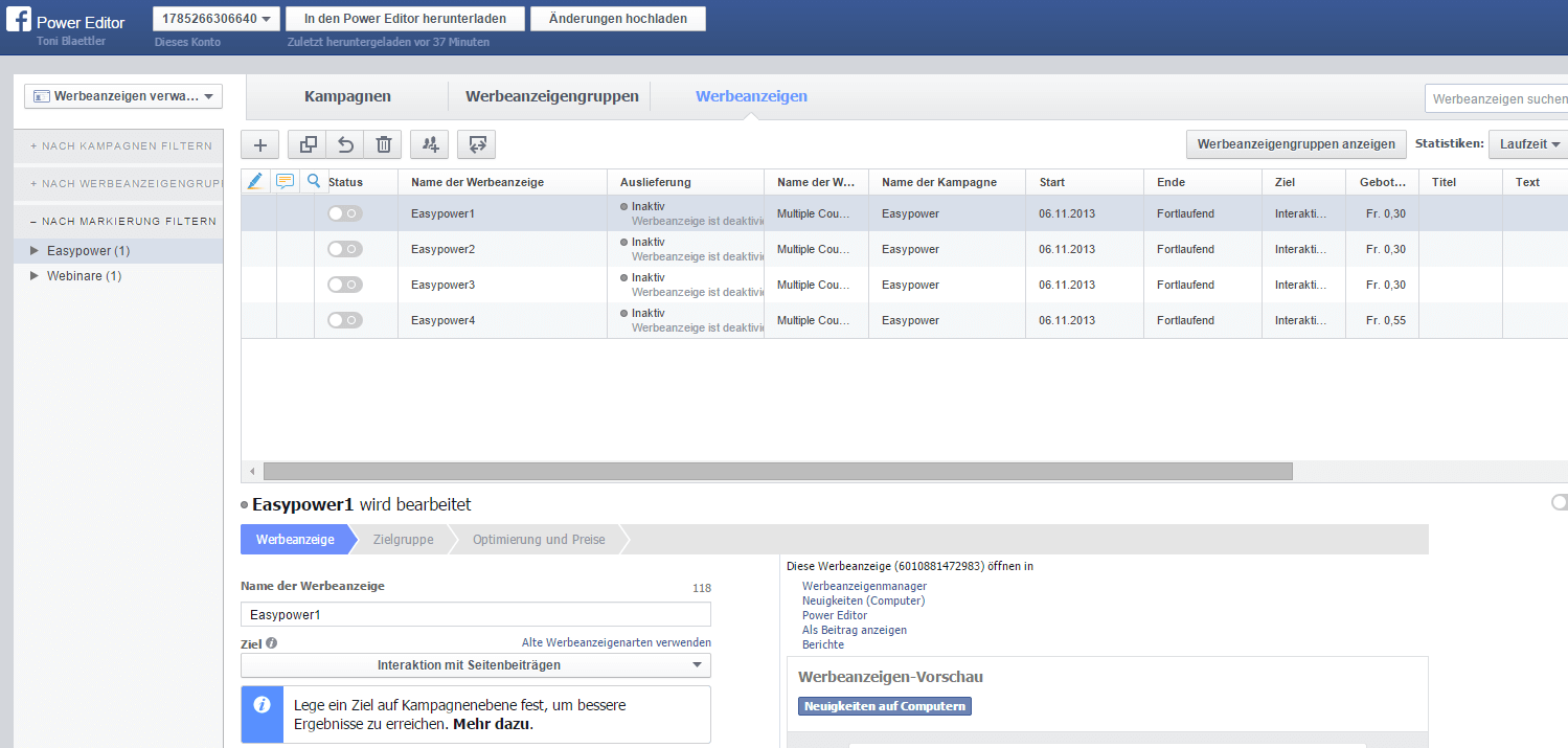 Facebook Anzeigenverwaltung mit dem Power Editor